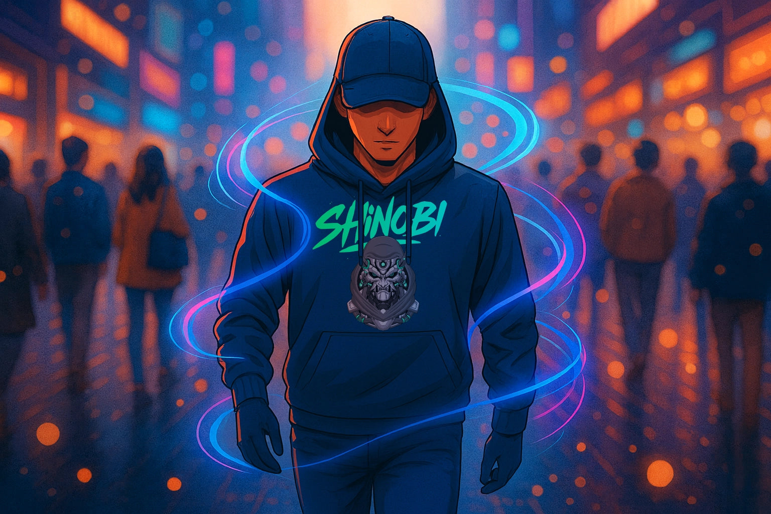 Person wearing a dark hoodie with a cyber ninja print and 'SHINOBI' graffiti in a futuristic cityscape