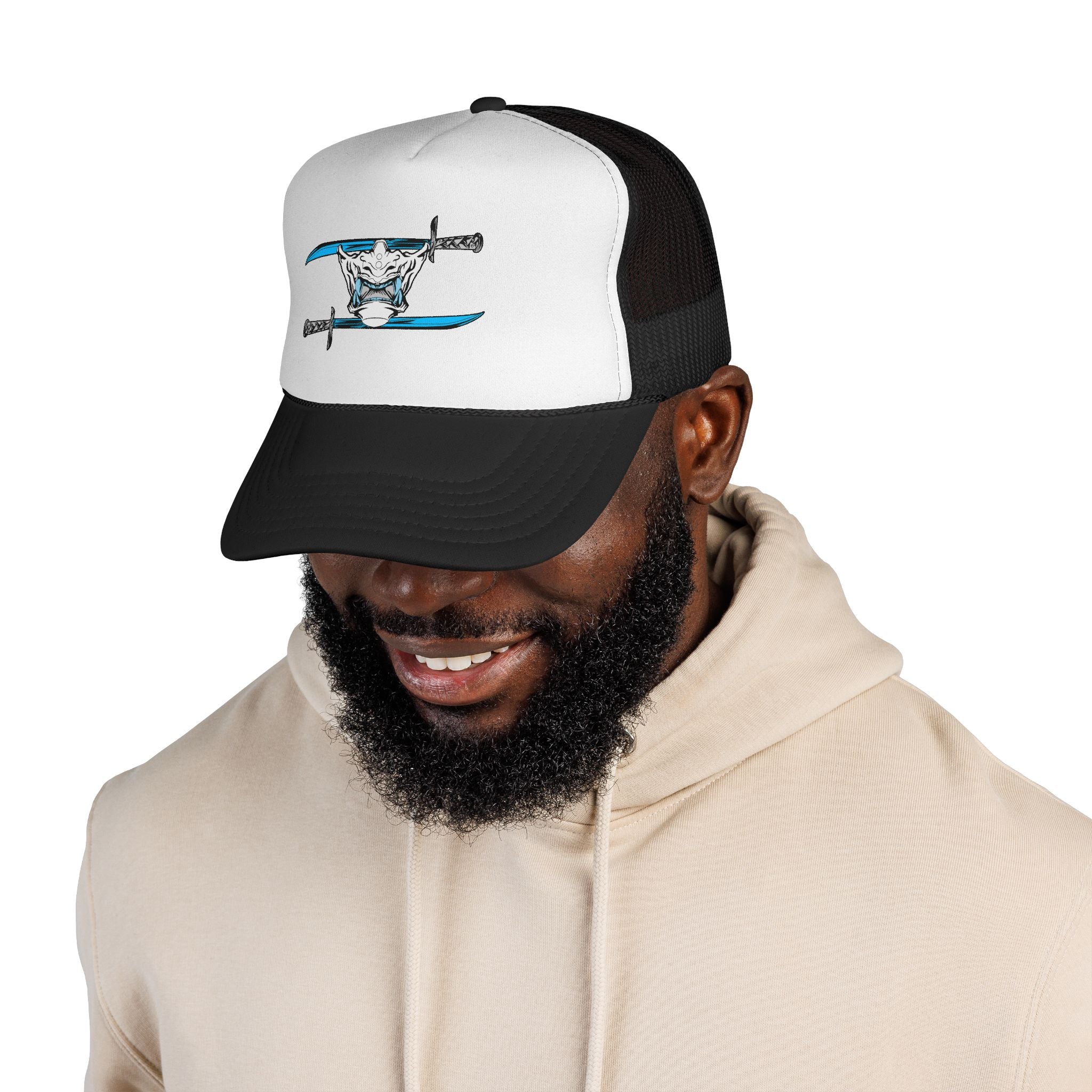 Cyberpunk Samurai Mesh Cap – Katana & Mask Streetwear