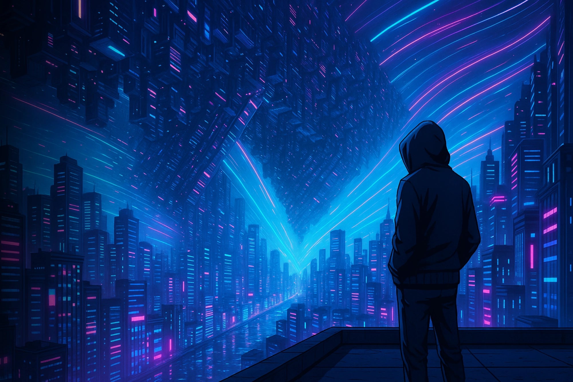 A hooded figure overlooks a surreal warping neon-drenched city from a rooftop.
