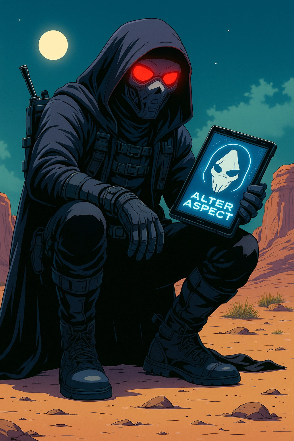 A masked figure crouches in a moonlit desert, holding a glowing tablet that displays the Specta mask and the words “ALTER ASPECT.”