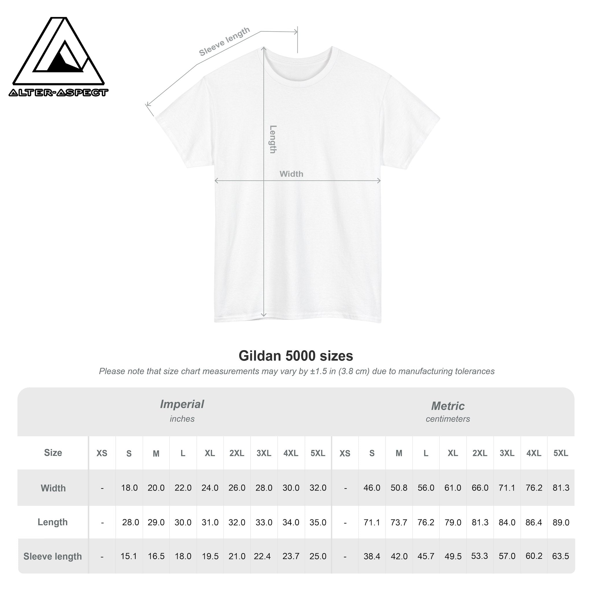 White t-shirt with measurement chart for Gildan 5000 sizes on a white background