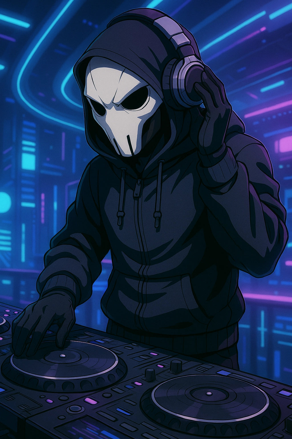 Cyberpunk DJ wearing a Specta mask mixes music in a neon-lit control room, surrounded by glowing circuitry and rhythm-reactive lights.